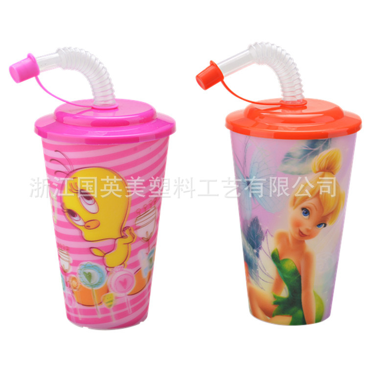 工厂定制膜内贴12oz三维立体变化塑料PP贴花膜儿童促销水杯吸管杯