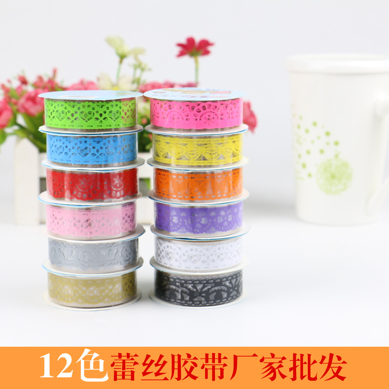 Cinta de encaje pequeña de 12 colores para decoración de diarios y planificadores, pegatinas decorativas coloridas, pegatinas de cinta pequeña hueca.
