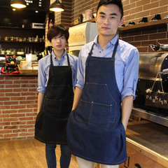 韓版時尚文藝牛仔圍裙定 制logo餐廳服務員工作服廣告圍裙定 做