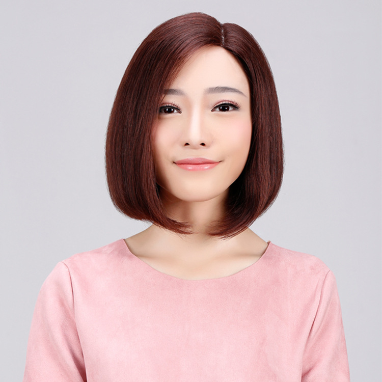 Full real hair wig female short straight hair BOBO head natural fluffy partial split oblique bangbobo head 8939A partial split