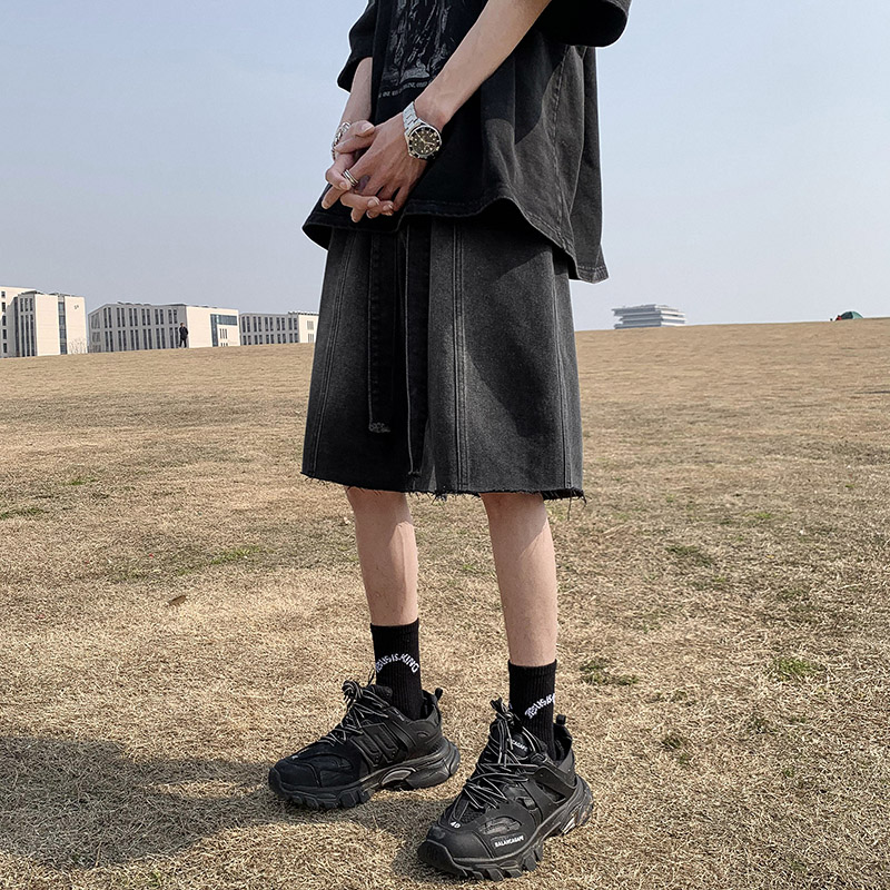 2023夏季水洗复古牛仔短裤男高街美式痞帅裤子男士休闲阔腿五分裤