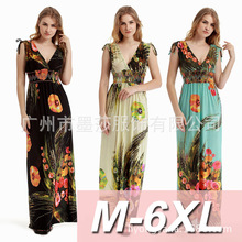 跨境波西米亚胖mmv领大码加肥沙滩裙海边长裙拖地冰丝连衣裙
