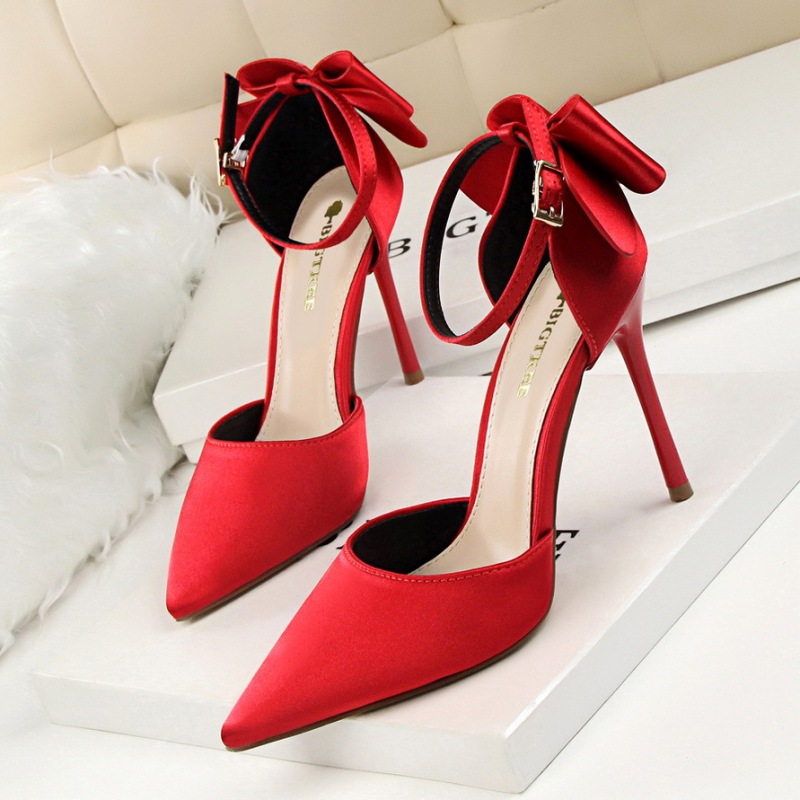 5196-1 Korean Style Sweet Women's Shoes Stiletto High Heels Shallow Mouth Pointed Toe Silks and Satins Hollow Back Bow Strap Sandals