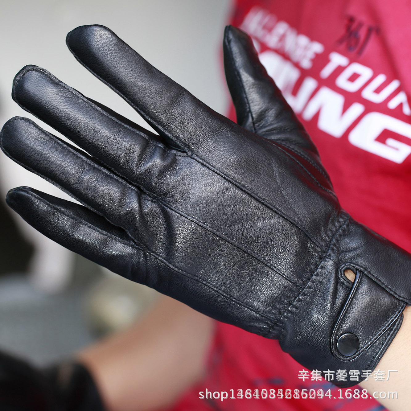 Men's autumn and winter leather stitching full finger fleece-lined thick warm long finger outdoor driving riding leather gloves factory direct supply
