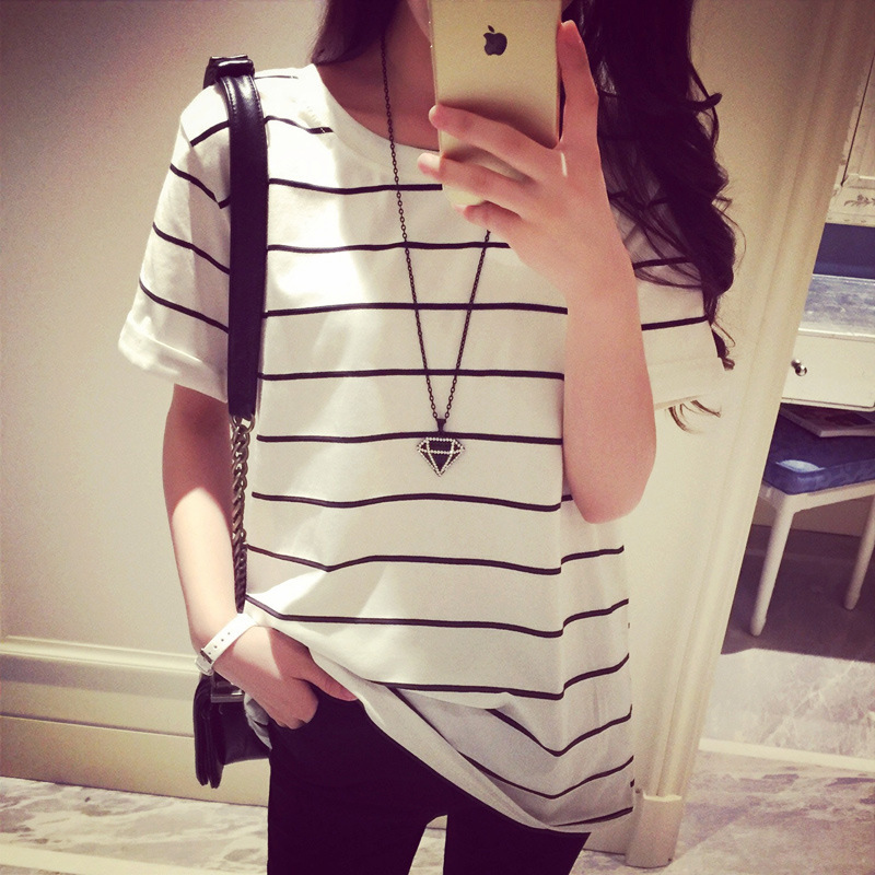 Striped T-Shirt Women's Summer New Korean Style Large Size Loose T-Shirt Short-Sleeved Bottoming Shirt Student Bestie Sister Top