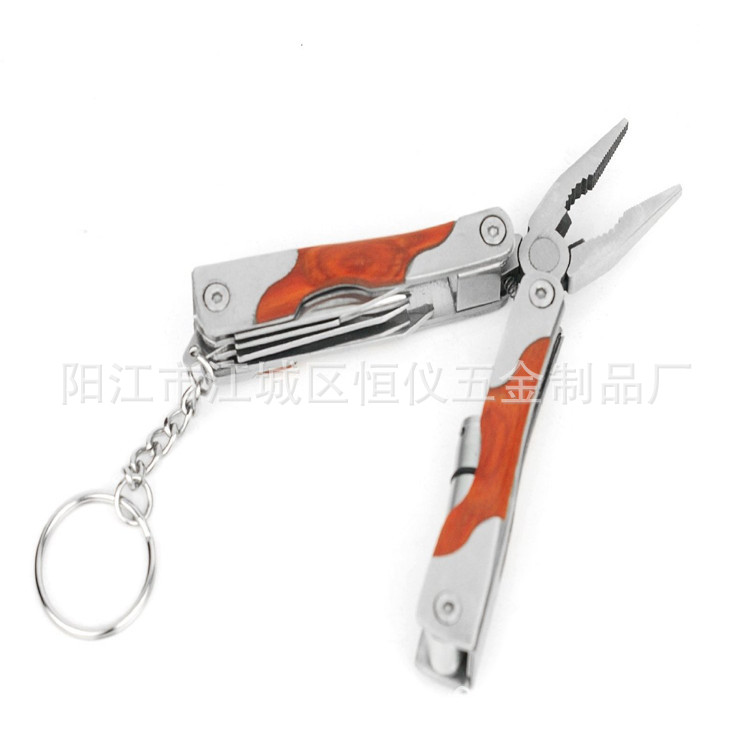 不锈钢户外工具钳 彩木柄多功能折叠钳子 多功能带灯木柄钳子厂家
