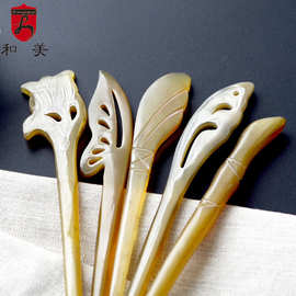 牛角汉服头饰发簪批发古风盘发复古简约簪子雕刻