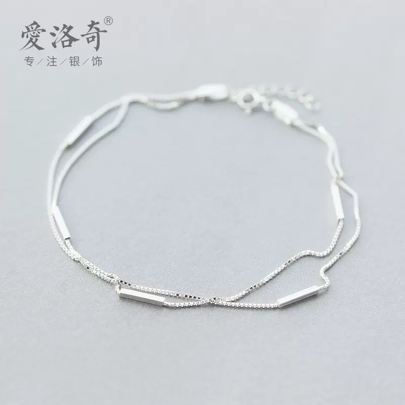 S925银脚链女时尚简约一字圆棍脚链森系文艺双层脚链饰品女S0784