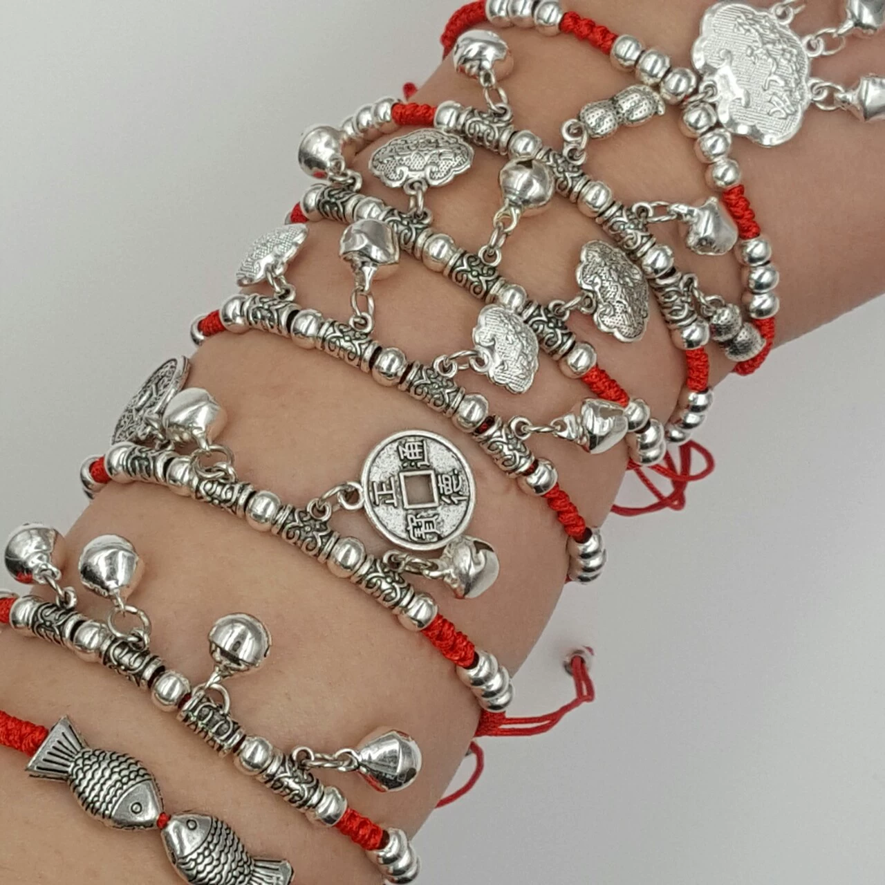 Woven Red Rope Bracelet, Miao/Tibetan Silver Alloy Charms, Ankle & Wrist, Multiple Styles