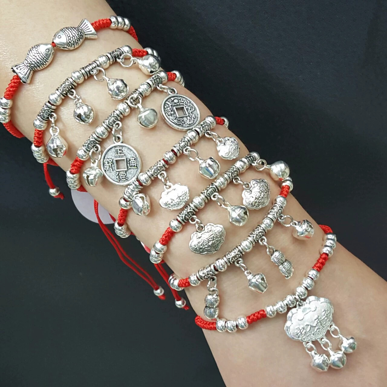 Woven Red Rope Bracelet, Miao/Tibetan Silver Alloy Charms, Ankle & Wrist, Multiple Styles