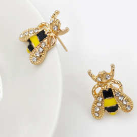 韩版耳饰品批发 时尚甜美气质彩釉滴油镶钻小蜜蜂耳钉 水钻耳环