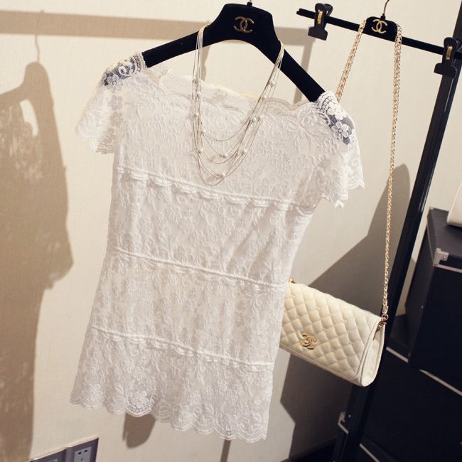 Summer Women's Inner Base Shirt T-shirt Large Size Sexy Hollow Outer Wear Full Lace Shirt with Short Sleeve