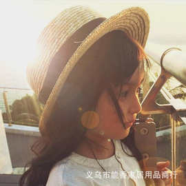 楚恬同款帽子女士夏天平顶草帽蝴蝶结麦秆遮阳帽麦秆草帽批发