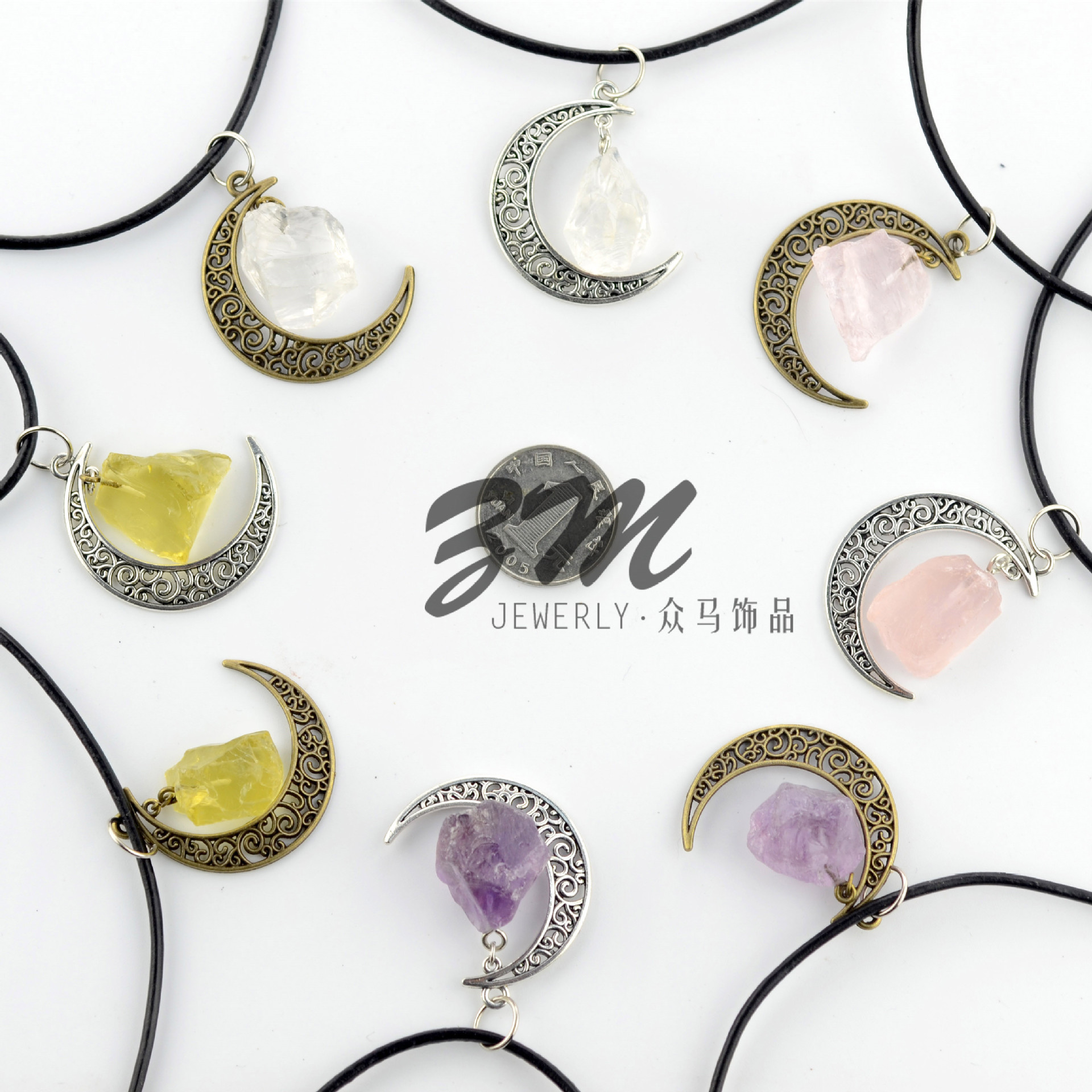 欧美天然石月亮吊坠 哥特星空月光石水晶挂饰合金月牙石头项链