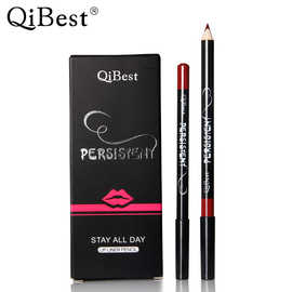 厂家直销 qibest 时尚黑杆防水12色唇线笔不沾杯易上色口红笔彩妆