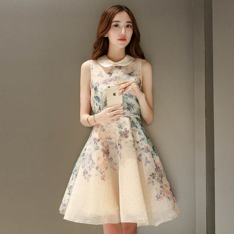 Papaya Milk Summer New Korean Elegant Doll Collar Sleeveless Printed Waist Slimming Mid-Length A- Line Dress Papaya Milk Summer New Korean Elegant Doll Collar Sleeveless Printed Waist Slimming Mid-Length A- Line Dress