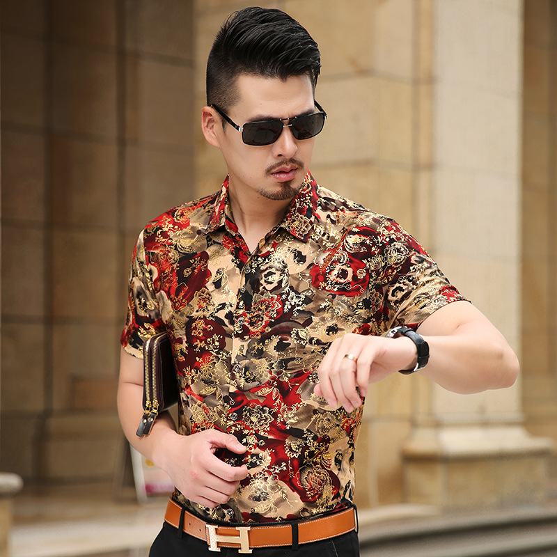 New summer short-sleeved shirt casual thin milk silk gilding printing non-ironing middle-aged men's fashion floral shirt