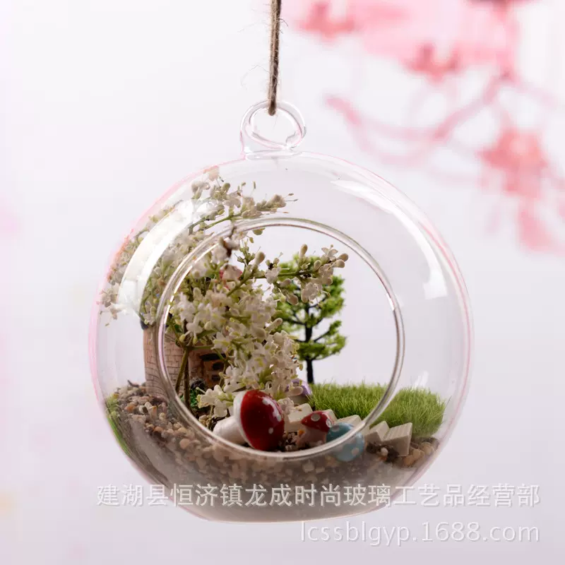 微景观圆球玻璃吊瓶铁架瓶透明多肉苔藓花瓶照明灯饰园艺配件