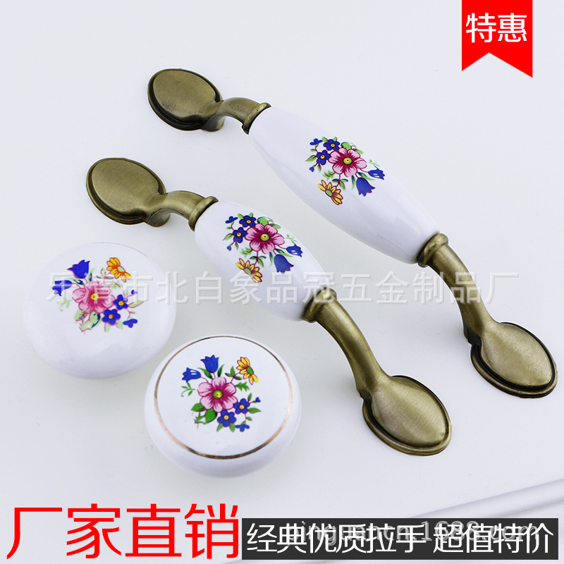 Estilo europeo verde rojo antiguo orquídea cerámica manija gabinete muebles cajón armario puerta pastoral antiguo Wenzhou hardware manija