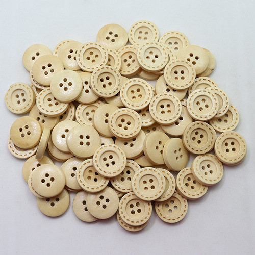 Professional laser marking wood buttons, natural wooden wide edge dotted line round four-eye shirt buttons for children