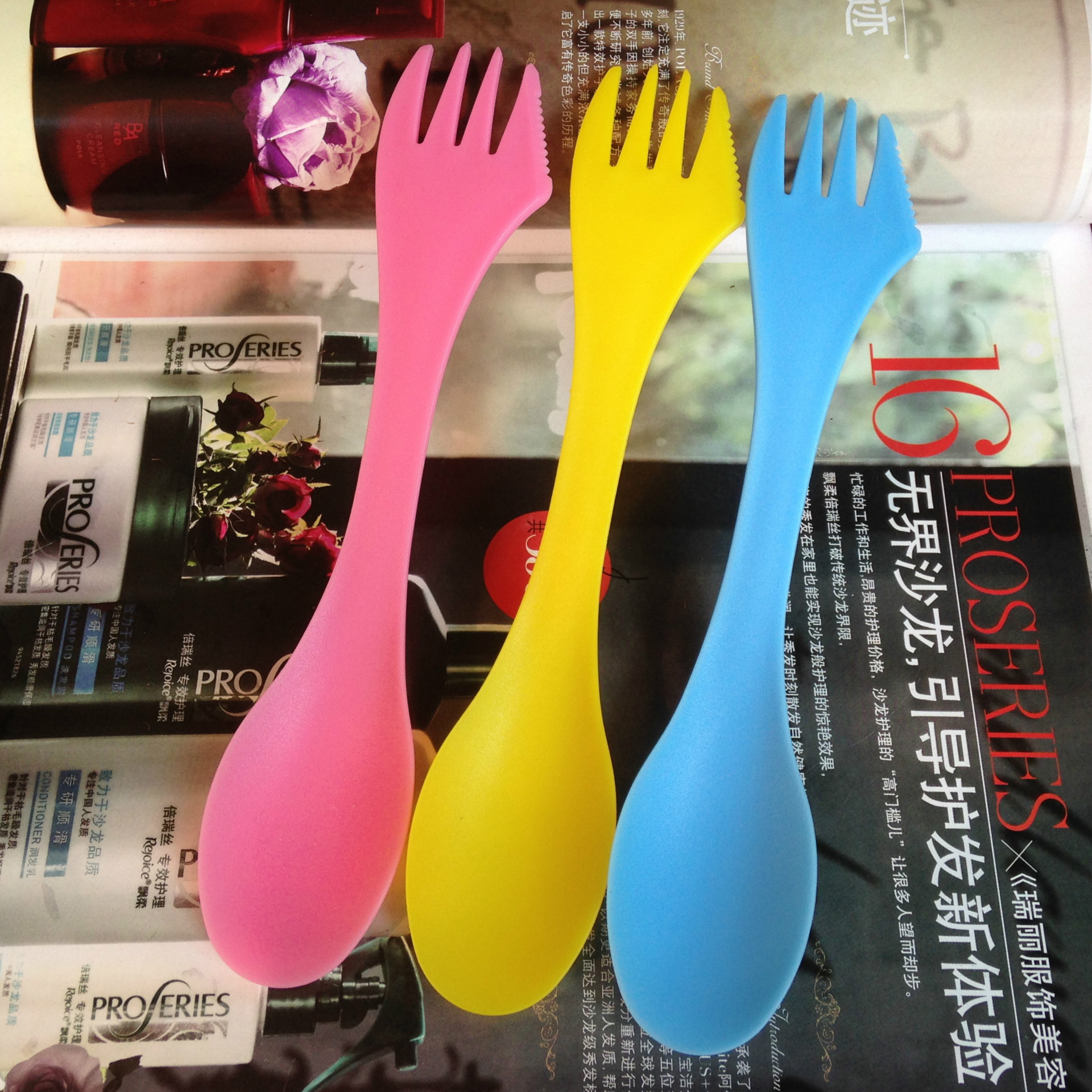 韩国创意 塑料 刀叉勺餐具   户外便携勺子 三合一勺  可印logo