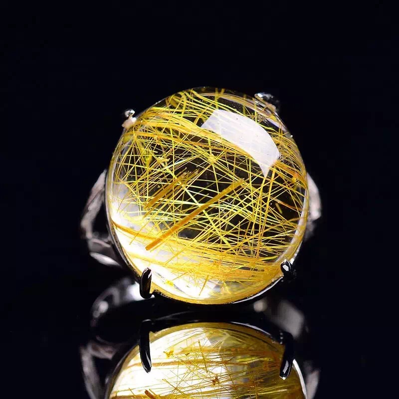 戒指s925镶嵌天然金发晶活口彩虹银发钛晶男女款幽灵厂家批发