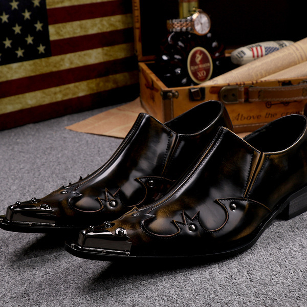 Korean style men's high heel pointed leather shoes men's casual performance shoes hairstylist iron toe personality shoes low-top shoes genuine leather