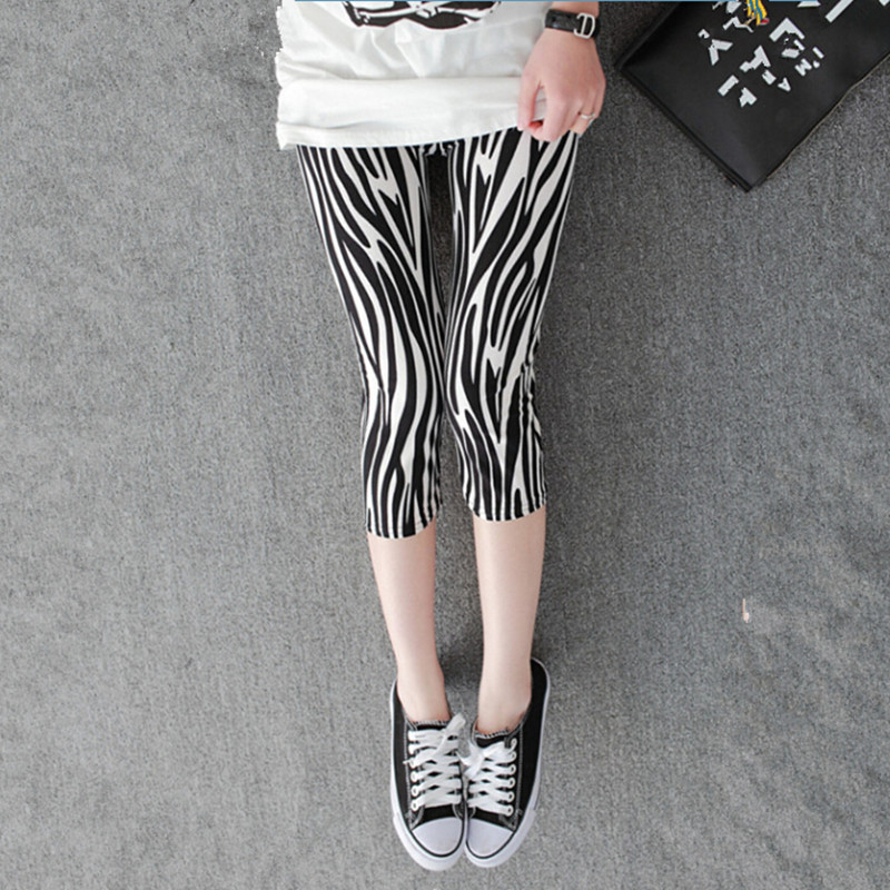 Summer Black and White Zebra Pattern Three-Point Leggings for Women Stretch Milk Silk Printed Tight Pants Summer Black and White Zebra Pattern Three-Point Leggings for Women Stretch Milk Silk Printed Tight Pants
