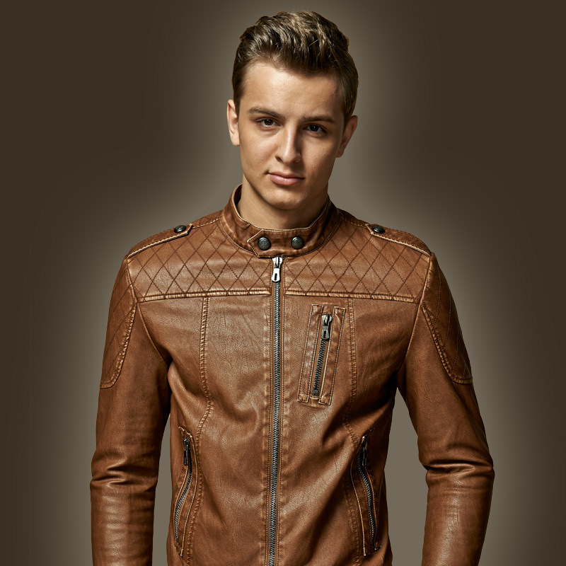 AliExpress Comercio exterior Pedido original de los hombres SLIM-Fit collar de pie abrigo de cuero forrado de lana para hombres jóvenes estilo europeo y americano correa de hombro chaqueta de cuero