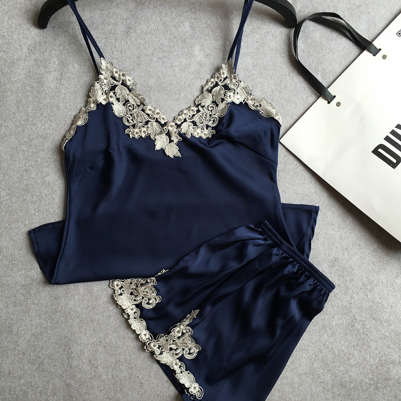 春夏性感刺绣花边丝绸缎吊带短裤睡衣套装女士家居服睡衣女