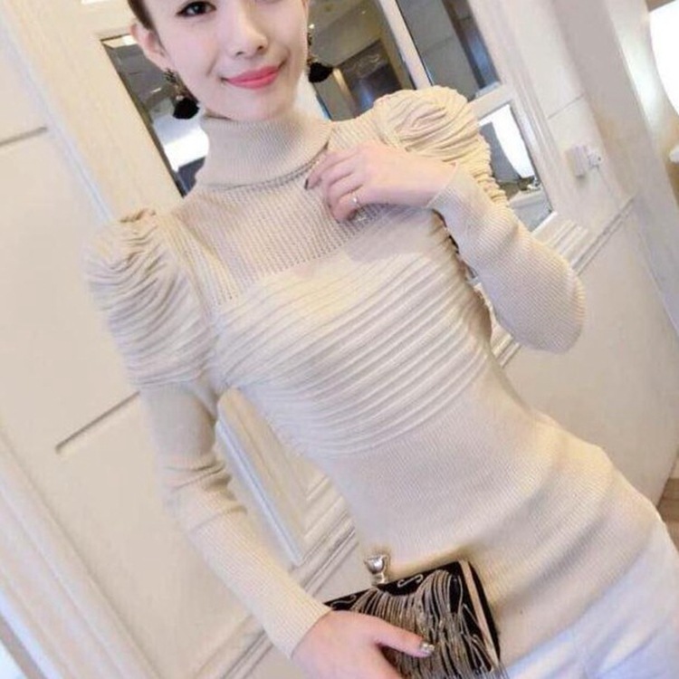 秋冬新款修身针织衫毛衣高领泡泡袖打底衫时尚百搭女装内搭上衣