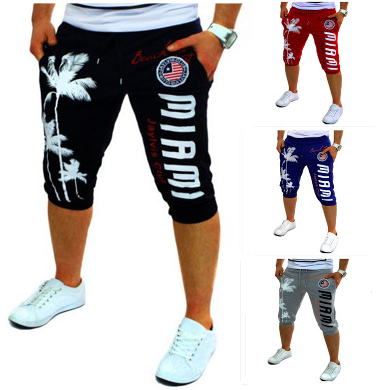 Foreign Trade Hot-Selling Men's Cropped Trousers Digitally Printed Coconut Tree Pattern Men's Casual Slim Sports Pants Dk05