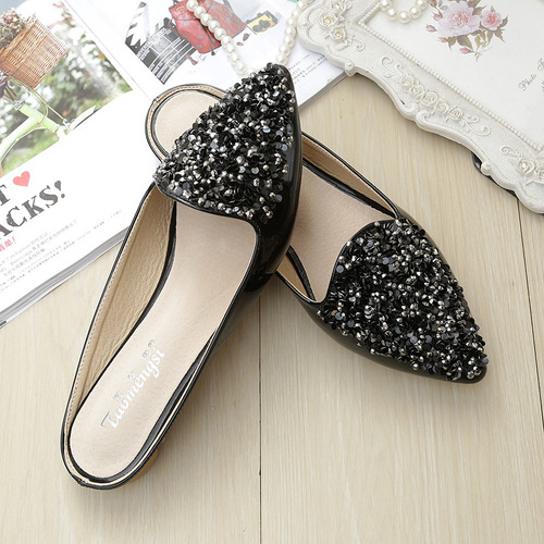Sandals Women's 2024 Baotou Half Slippers Women's Summer Pointed Toe Rhinestone Roman Sandals Flat Sandals Soft Soled Peas Shoes