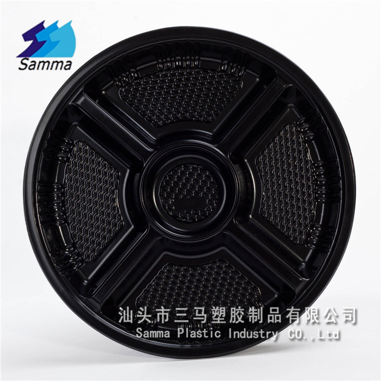 SM1-2102圆盘寿司盒5格一次性圆盘黑色外卖盒分格派对大托盘100套