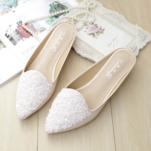 Sandals Women's 2024 Baotou Half Slippers Women's Summer Pointed Toe Rhinestone Roman Sandals Flat Sandals Soft Soled Peas Shoes