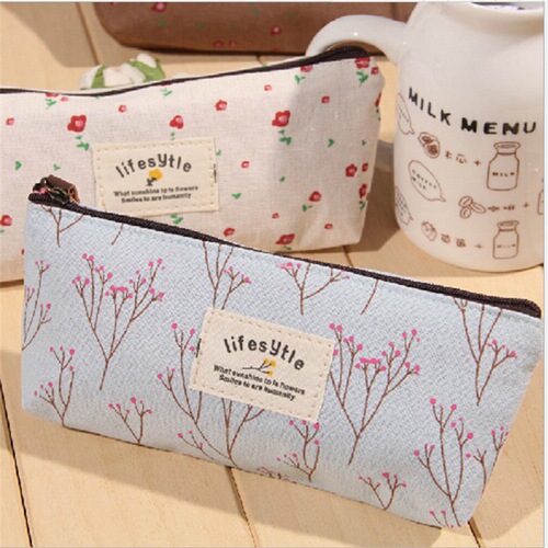 Korean style floral pencil bag small fresh casual pastoral style floral canvas student pencil bag square stationery bag pencil bag