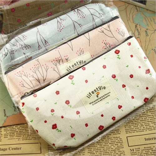 Korean style floral pencil bag small fresh casual pastoral style floral canvas student pencil bag square stationery bag pencil bag