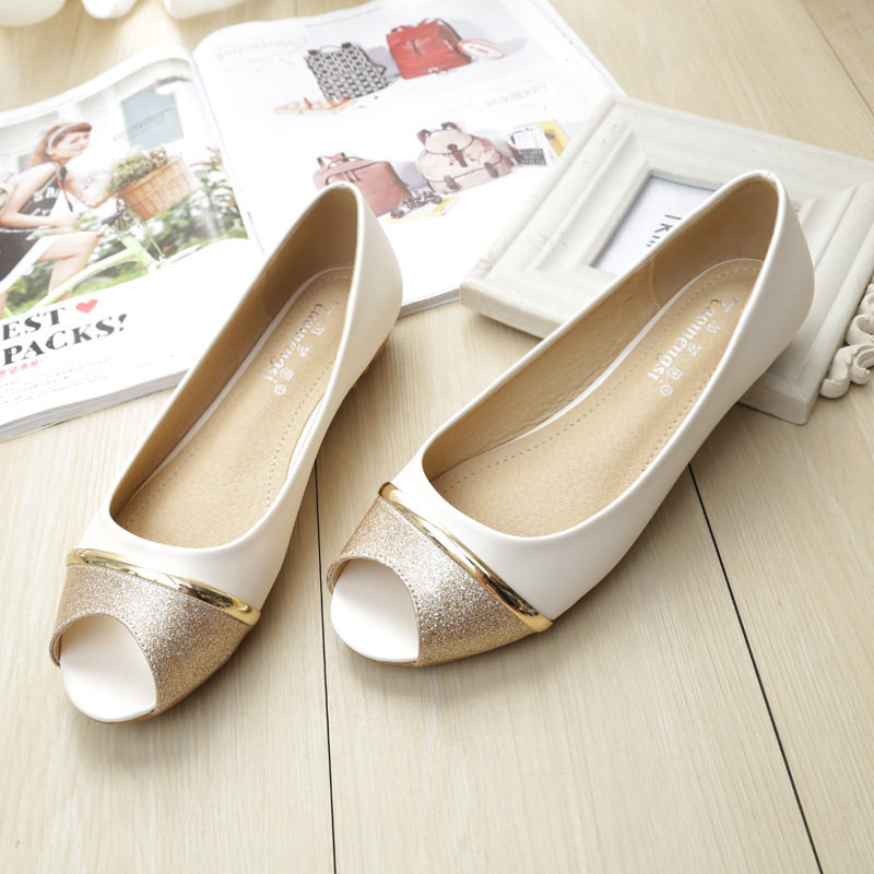 Giày bệt nữ mũi cá peep-toe đế chống trơn, kiểu Hàn, gót thấp 1–3 cm — Màu trắng, Màu đen, Vàng địa phương