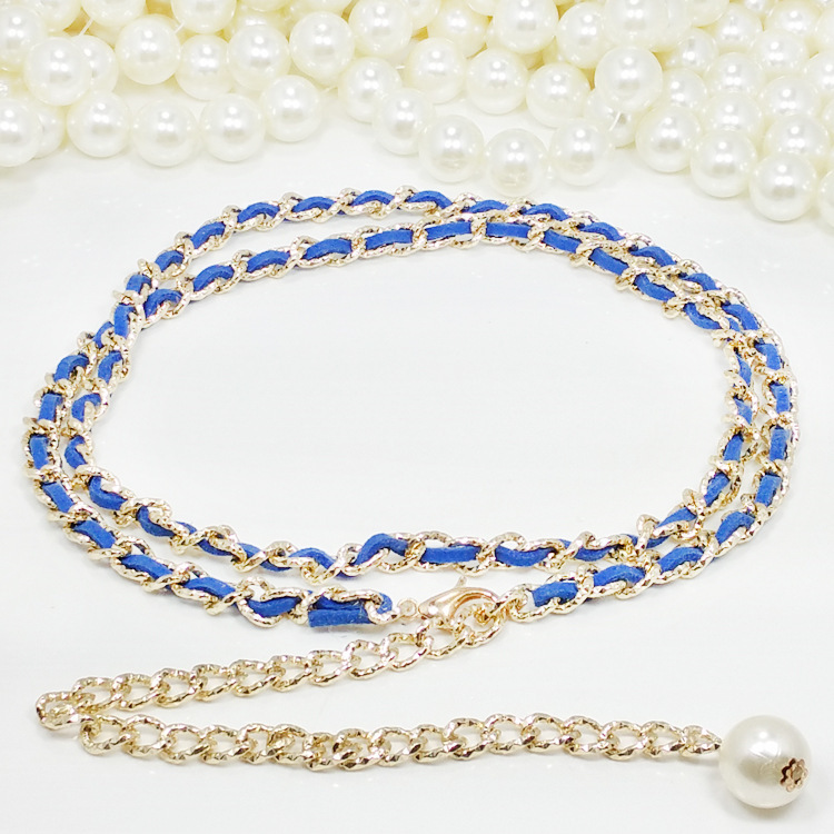 新款欧美简约时尚百搭潮流珍珠女式细款皮带编织装饰腰链细女腰带