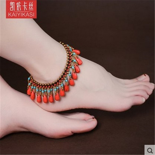 Hand-woven Tibetan-style layered fringe retro ankle chain with ethnic charm, court-style ankle accessory for women, ancient-style jewelry