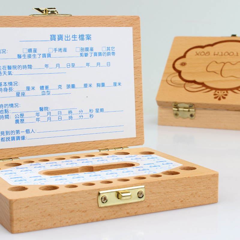 Caja de almacenamiento de dientes de madera personalizada para bebés, caja de regalo de cumpleaños creativa