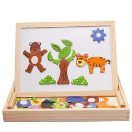 跨境儿童益智多功能双面磁性拼图画板木制动物场景拼拼乐玩具4-6