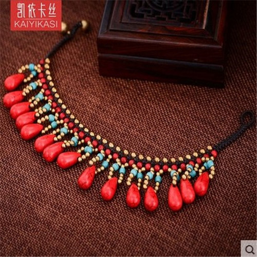 Hand-woven Tibetan-style layered fringe retro ankle chain with ethnic charm, court-style ankle accessory for women, ancient-style jewelry