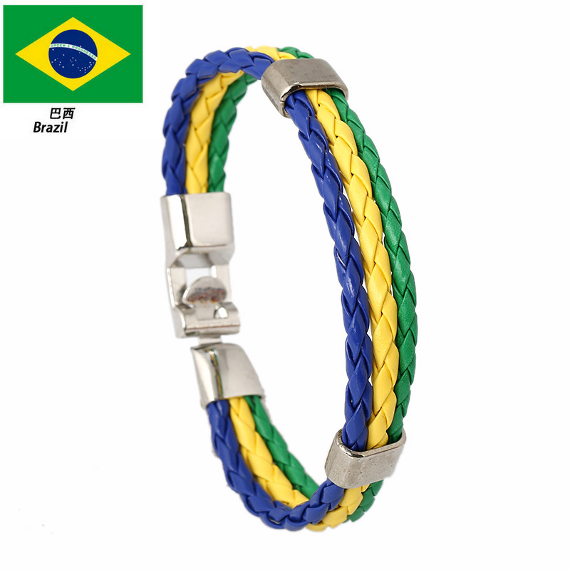Cross-border Jewelry Woven Flag Flag Color Leather Bracelet PU Imitation Cowhide Bracelet World Cup Country Bracelet