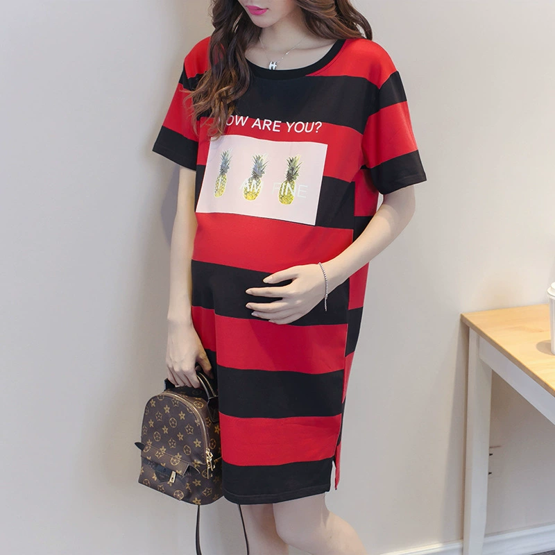 [Распродажа без возврата без изменений] Корейская версия платья для беременных в широкую полоску летнее платье для беременных футболка юбка с короткими рукавами средней длины