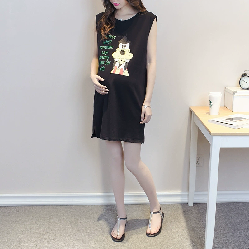 Летнее платье для беременных в Корейском стиле, Повседневное платье-футболка без рукавов для беременных, платье средней длины, топ с доставкой
