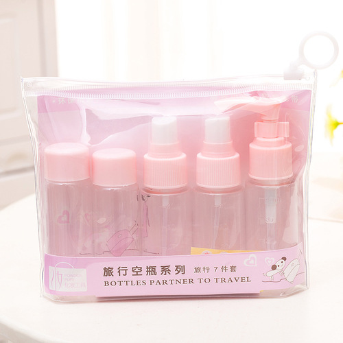 Seven-piece travel storage bottle set, transparent portable spray bottle, empty lotion bottle, PP plastic bottle