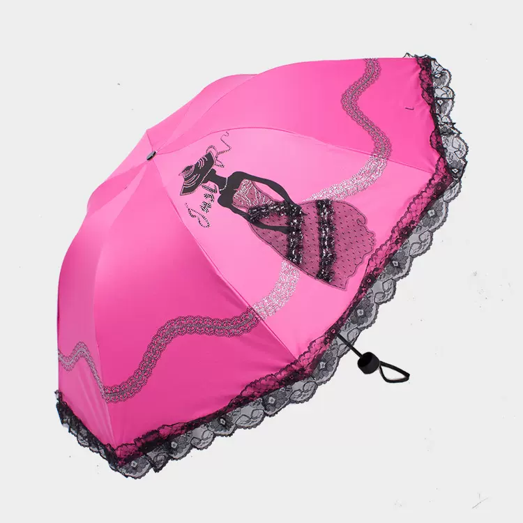 创意 美女立体绣 星光公主黑胶防晒三折遮阳伞防晒太阳伞 蕾丝伞