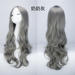 European and American wholesale synthetic taro purple long curly wave wig bangs grandma gray full head wig wigs