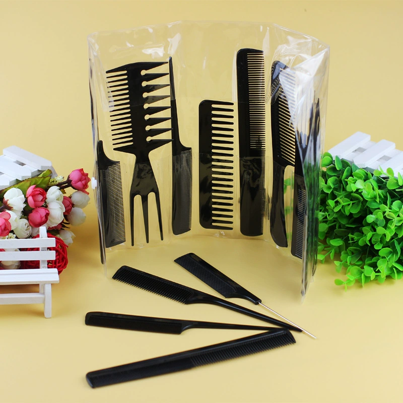 10‑piece comb set, PP plastic salon combs, anti‑static, 20 cm, black